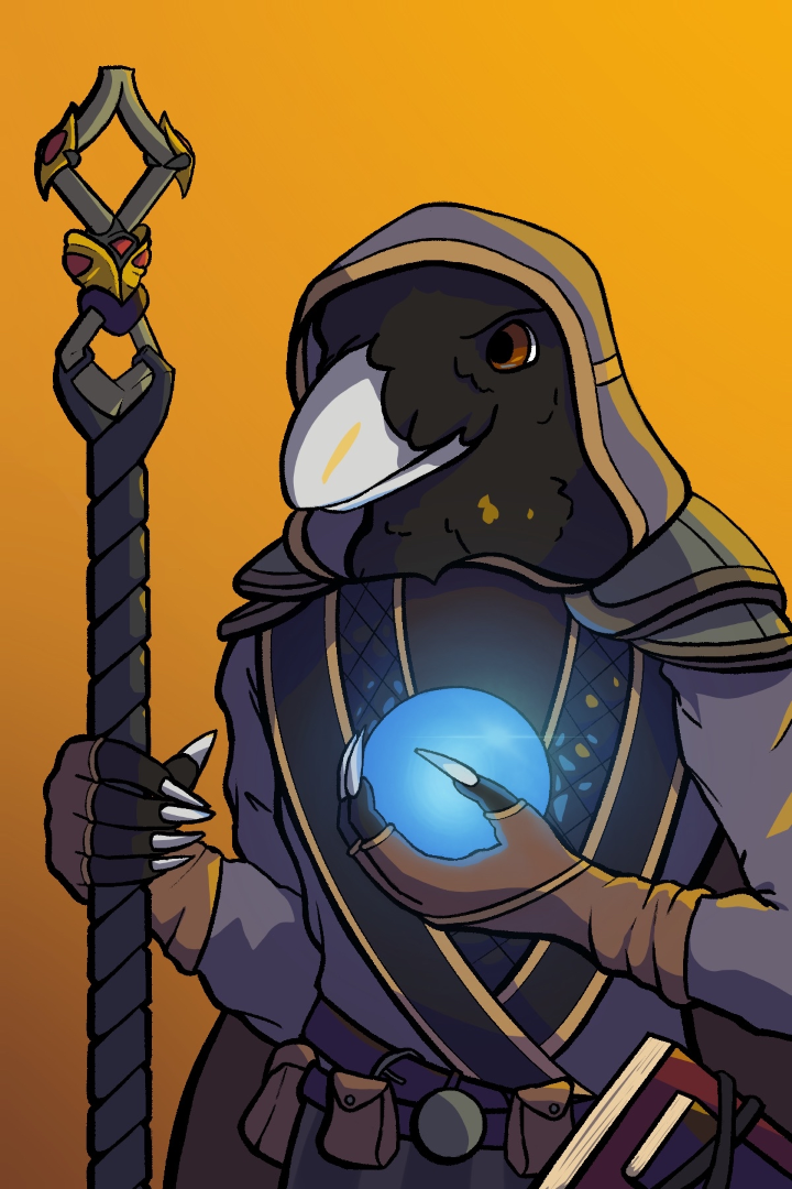 Digital illustration of an anthropomorphic crow holding a blue orb in wizard robes.